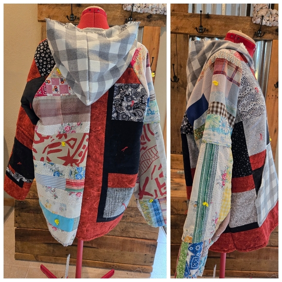 Upcycled Patch Quilt Blanket Hoodie M-L Handmade Dont Throw It Out - Picture 2 of 6